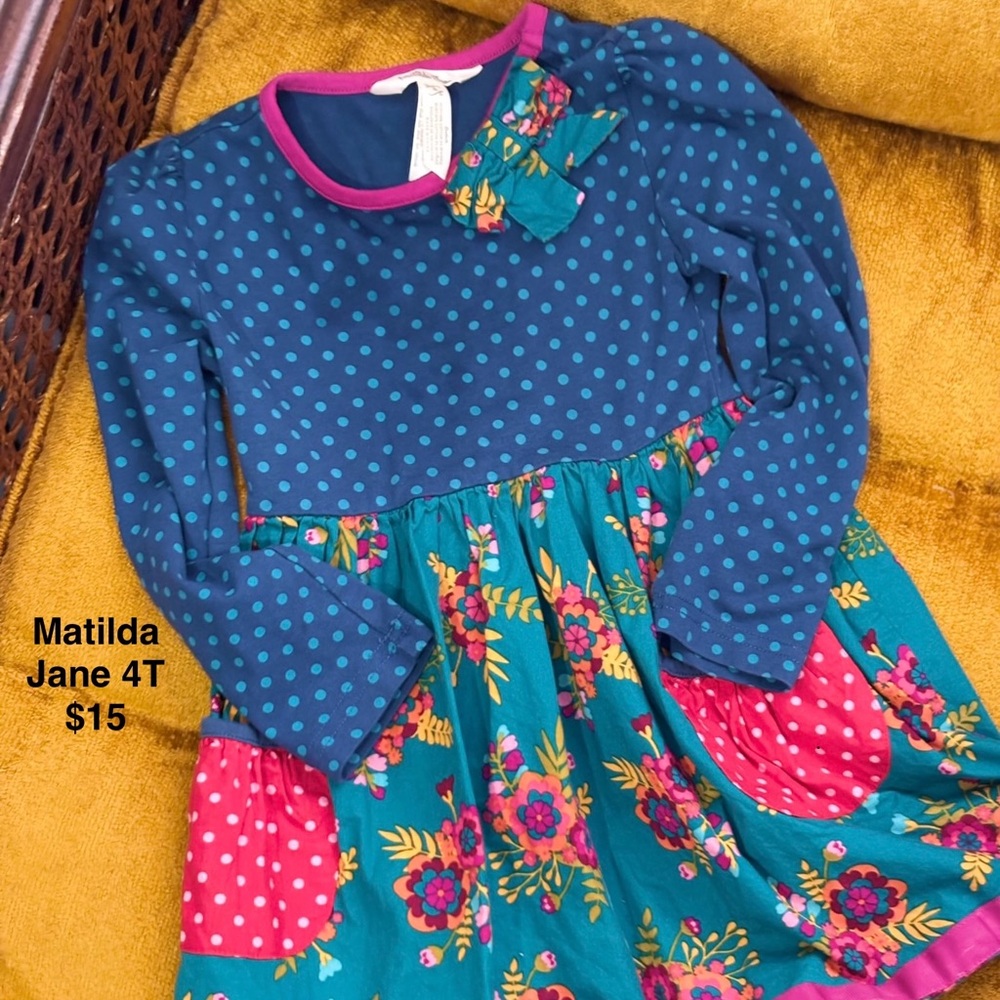 Matilda Jane Blue Long Sleeve Sundress with Crew Neck and Floral Design